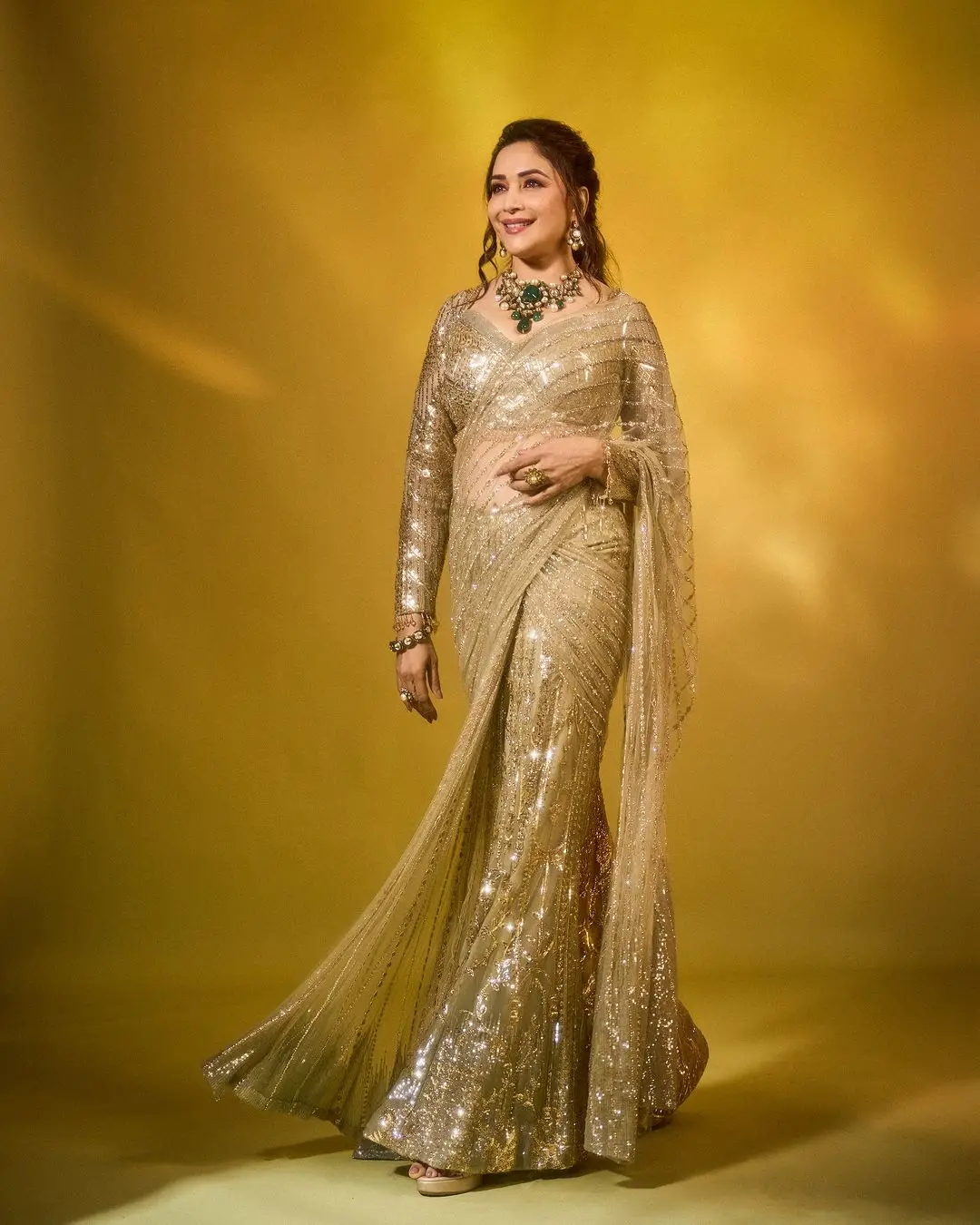 Madhuri Dixit Wearing Beautiful Earrings Jewellery Green Saree